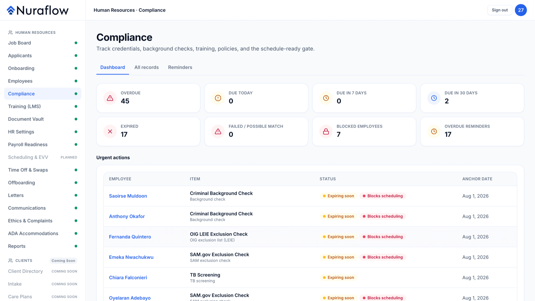 Nuraflow Compliance screen. Background checks, exclusion lists and screenings with the items that block scheduling called out.