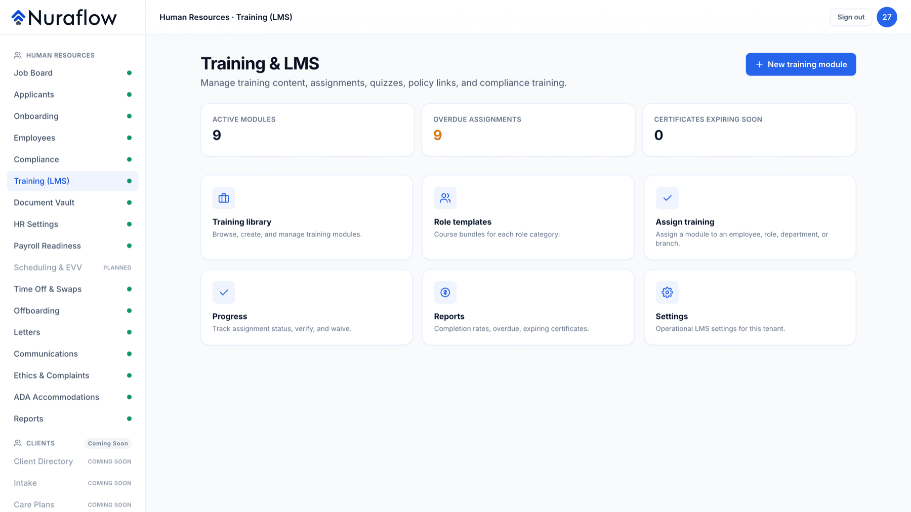 Nuraflow Training and LMS screen. Assignments, quizzes and policy links, with overdue work and expiring certificates surfaced.