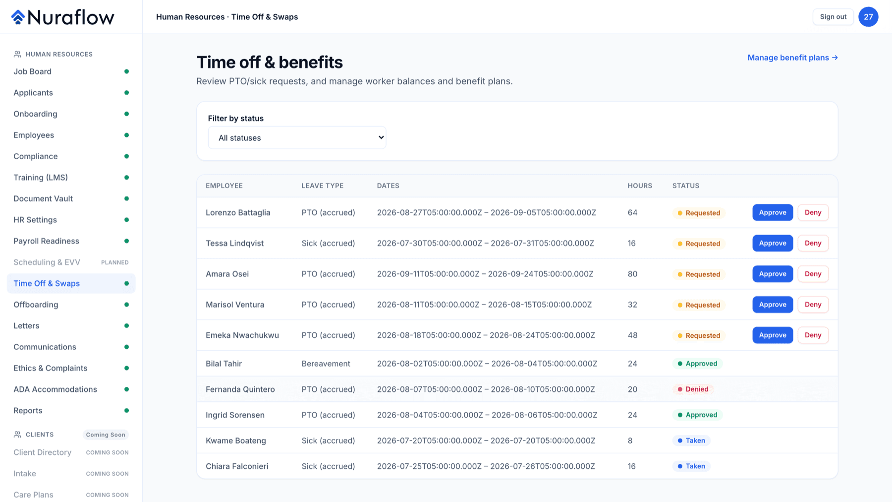 Nuraflow Time Off and Benefits screen. PTO and sick requests approved in place, against balances the same record already holds.